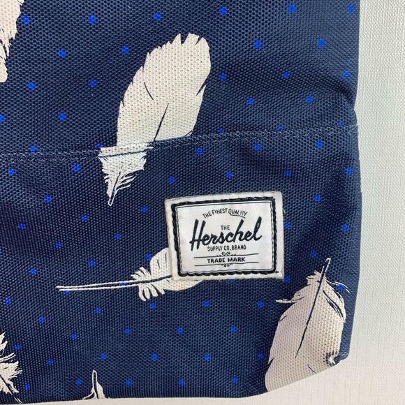 Herschel supply co Navy Canvas feathers print with brown leather handle tote bag - Picture 4 of 9